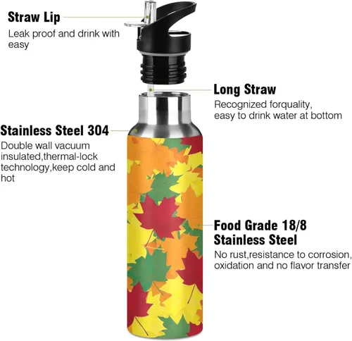 Vista 3 de Stainless Steel Vacuum Insulated Water Bottle 32 Oz, Leakproof Water Bottles for Gym Outdoor Travel School, Autumn Maple Leaves