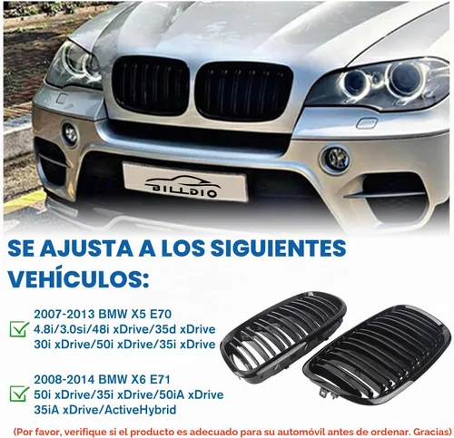 Vista 4 de Parrilla de riñón para parachoques delantero, color negro brillante, compatible con BMW X5 E70 X6 E71 2007-2014 doble listón doble línea