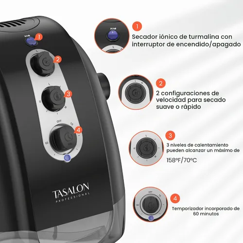 Vista 2 de TASALON Ionic - Secador de pelo con capucha, color gris, secador de pelo profesional para el hogar y el salón con 3 ajustes de temperatura