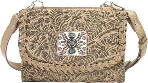 Vista 6 de American West Handcrafted Leather Texas Two Step Small Crossbody/Wallet – Hand Tooled 100% Genuine Leather Western Bag Carbón