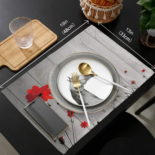 Vista 6 de Juego de 6 manteles individuales de flores de amapola roja para mesa de comedor, manteles individuales de lino de algodón gris rústico