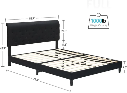Vista 2 de Amyove Base de cama de tamaño matrimonial con cabecera curva, plataforma tapizada de tela con cabecera ajustable, base de colchón, fácil montaje,