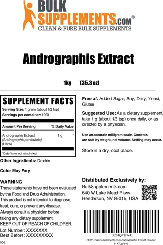 Vista 6 de BulkSupplements Andrographis Extracto en polvo – Andrographis Paniculata, suplemento herbario – Sin gluten, 0.04 oz por porción, 2.2 lbs