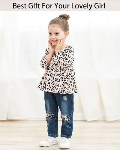 Vista 2 de NZRVAWS Ropa para bebé niña pequeña, conjunto de pantalones de mezclilla rasgados con volantes florales de leopardo para niña 0-4T