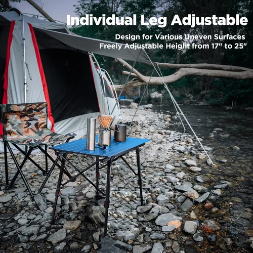 Vista 5 de Mesa de camping portátil VILLEY con patas ajustables, mesa de playa ligera de aluminio plegable con bolsa de transporte para cocinar al aire libre