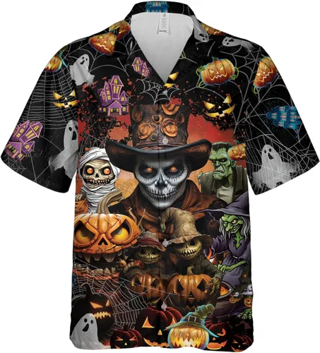 Vista 5 de Camisas hawaianas góticas para hombre, juego de camisas hawaianas con botones de terror para Halloween, 58 Halloween_31