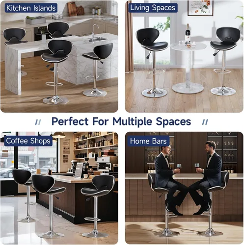 Vista 7 de Juego de 2 taburetes de bar, taburetes de bar giratorios ajustables para mostrador de cocina, silla de bar moderna de cuero PU de altura