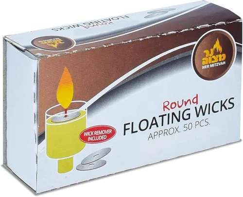 Vista 3 de Ner Mitzvah Mechas flotantes redondas – 50 unidades (aproximadamente), mechas de algodón y soportes de disco de corcho para tazas de aceite – Pinzas