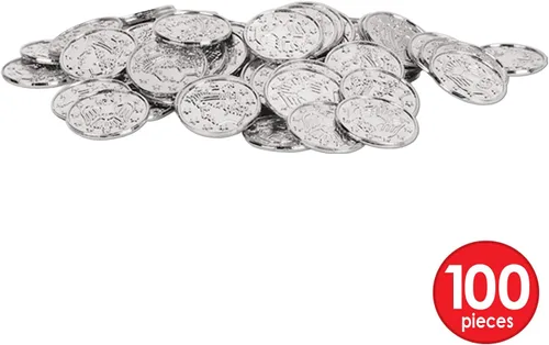 Vista 3 de Beistle 100 monedas de plástico en relieve de plata para casino occidental y tema pirata, recuerdos de fiesta del cofre del tesoro, 1.5 pulgadas