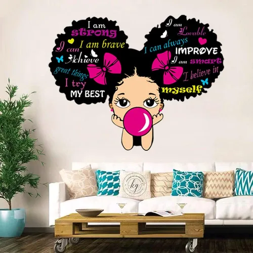 Vista 5 de Calcomanías de pared de niña negra para dormitorio de niñas, calcomanías inspiradoras de pared con citas afroamericanas, calcomanía rosa