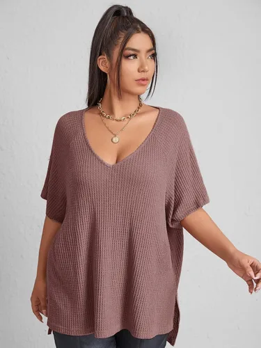 Vista 4 de SOLY HUX Camiseta de manga corta con cuello en V para mujer, talla grande, dobladillo dividido, punto gofre, de gran tamaño, casual, holgada