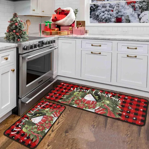 Vista 8 de 2 Piezas Alfombras y Tapetes de Cocina de Navidad para Piso con Base Antideslizante Tapete Feliz Navidad Decoración de Cocina Anti Fatiga