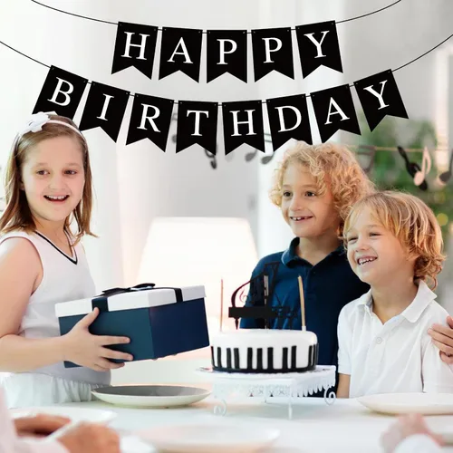 Vista 3 de Pancarta Negra de Feliz Cumpleaños Letrero Banderín Guirnalda de Feliz Cumpleaños para Niños Niña Mujer Cumpleaños Decoraciones de Fiesta de Té