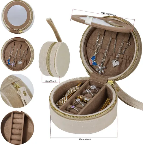 Vista 2 de Joyero pequeño Mini estuche de viaje de terciopelo de felpa con espejo, organizador de joyas portátil para aretes, collares, pulseras y anillos