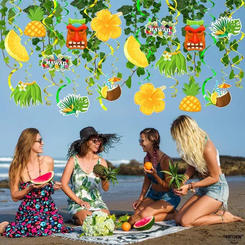 Vista 9 de KatchOn, Remolinos colgantes hawaianos de Luau, paquete de 46, sin bricolaje, decoraciones de fiesta Luau, decoraciones de fiesta temática hawaiana