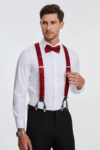 Vista 2 de HISDERN Tirantes para hombre Paisley Floral Pajarita Tirantes Bolsillo Cuadrado Conjuntos Ajustable Forma Y 6 Clips Tirantes de Boda