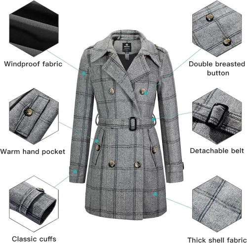 Vista 4 de Gabardina Wantdo para mujer, para invierno, con cinturón, con doble botonadura