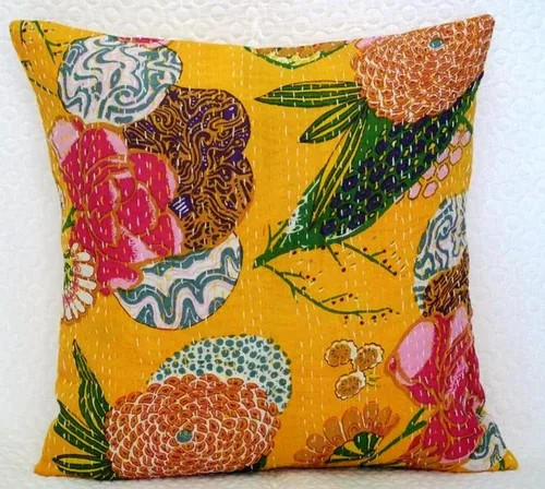 Vista 3 de Kantha - Funda de cojín decorativa hecha a mano, 16 x 16 pulgadas, funda de almohada étnica, funda de cojín indio (beige)