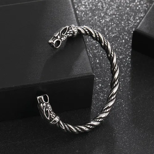 Vista 2 de TURTLEDOVE Brazalete con cabeza de lobo vikingo Fenrir - Torca ajustable de acero inoxidable nórdico escandinavo