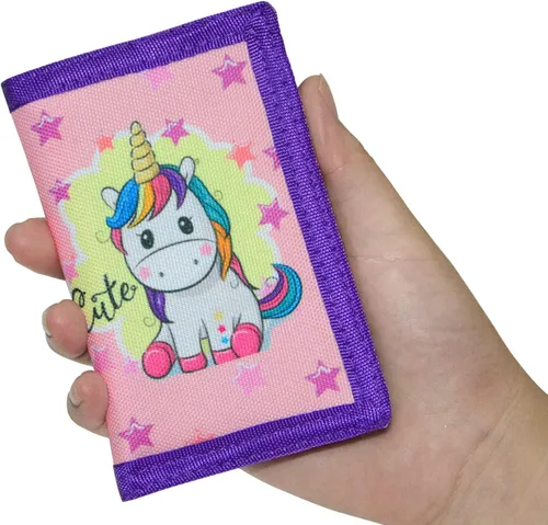 Vista 9 de SITADI Cartera para niños, billetera pequeña para niñas con bolsillo con cremallera, bonita cartera de lona triple de dibujos animados para niños
