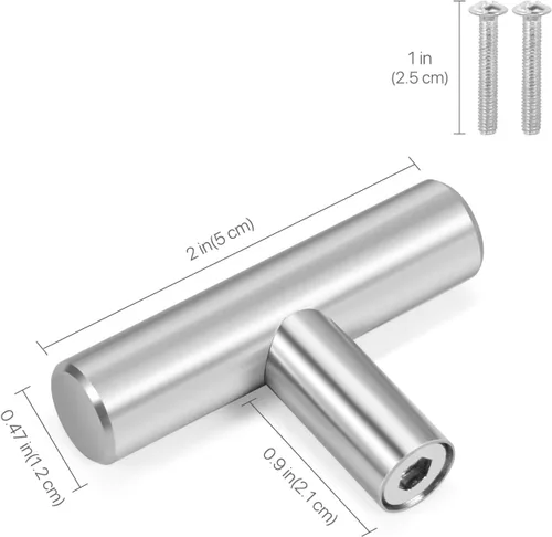 Vista 3 de Flexzion Paquete de 25 pomos para gabinetes de cocina, tiradores de barra en T, tiradores de cajón de 2 pulgadas de un solo agujero, acero