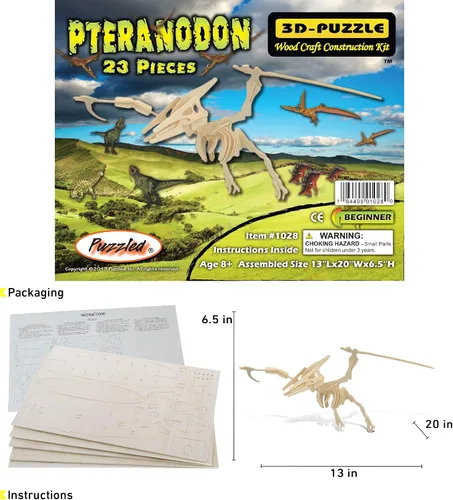 Vista 2 de Puzzled Pteranodon - Kit de rompecabezas de construcción de rompecabezas de madera 3D, modelo de esqueleto de dinosaurio volador de madera, 23