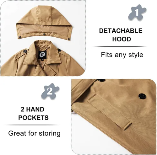 Vista 4 de FARVALUE Gabardina impermeable para mujer, larga, doble botonadura, rompevientos, clásica, con cinturón, solapa con capucha extraíble