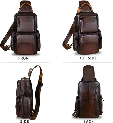 Vista 5 de IVTG Bolso de hombro de cuero genuino, mochila de viaje, mochila de senderismo, mochila casual, bolso de pecho vintage hecho a mano, mochila