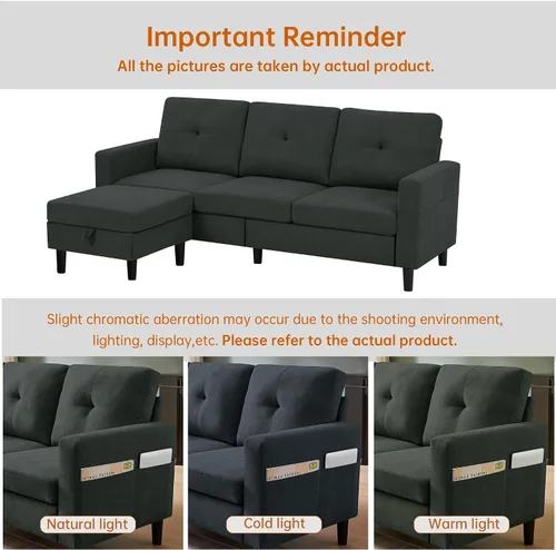 Vista 5 de Sofá Seccional Sofás para Sala de Estar, Sofás Seccionales Modulares de 3 Asientos en Forma de L con Almacenamiento y Chaise Reversible, Tela