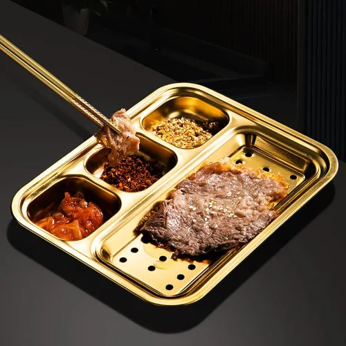Vista 3 de Plato dividido de acero inoxidable, platos pequeños para salsas, ensaladas, pigmentos, aperitivos, bandeja de aceite de drenaje desmontable, 4