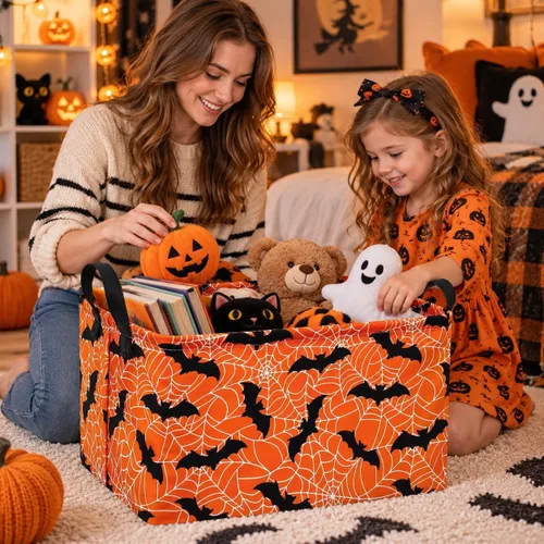 Vista 5 de Cesta de almacenamiento de Halloween, diseño de tela plegable con diseño de araña, murciélago y calabaza, con asas de cuero, organizador de estante