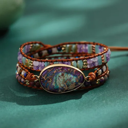 Vista 5 de Plumiss Colección de pulseras de cuentas de cuero de cristal natural hechas a mano para mujer