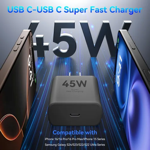 Vista 2 de Cargador para iPhone 16 Pro Max de carga rápida, bloque de cargador de pared USB C de 45 W con cable de carga larga USB C a USB C de 6 pies