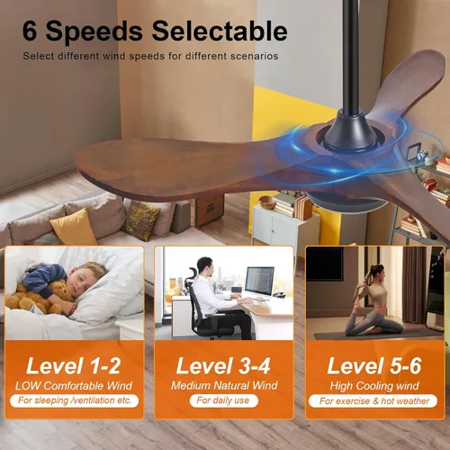 Vista 3 de Ventiladores de techo de madera maciza con luces, ventilador de techo moderno de 36 pulgadas con luz y control remoto, motor CC reversible, 6