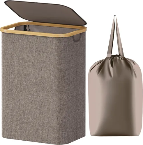 Vista 30 de Lifewit Cesta de lavandería de 80 litros con tapa, cestas de ropa para lavandería con asas de bambú y una bolsa de lavandería extraíble, cesta