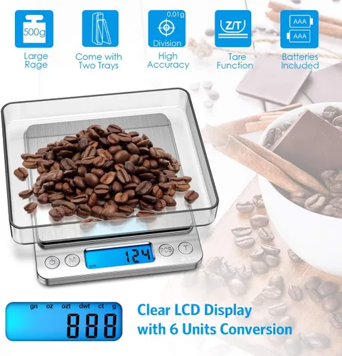 Vista 2 de AMIR - Báscula digital de cocina, báscula de joyería de bolsillo de 17.64 oz/0.00 oz, peso de calibración de 3.53 onzas, báscula de alimentos