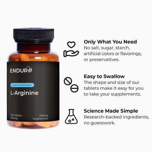 Vista 5 de Endurance Products ENDUR - L-Arginina - 350 mg - Flujo sanguíneo y apoyo de la función cardíaca - Alta potencia - Apoya la producción de óxido
