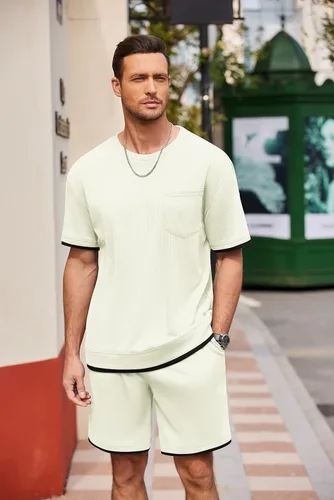 Vista 8 de COOFANDY Conjunto de 2 piezas de camisa y pantalones cortos para hombre, estilo casual de verano con bolsillos