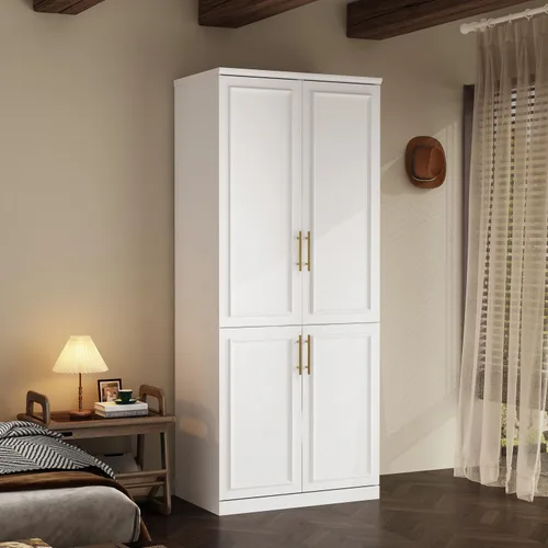 Vista 10 de WOODTIME Armario con barra para colgar, 3 cajones enmarcados y 2 puertas de cristal, armario de madera moderno, organizador de armario