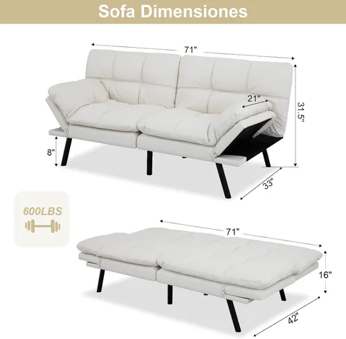 Vista 3 de MUUEGM Sofá cama tipo futón de espuma viscoelástica con respaldo ajustable, reposabrazos extraíbles para espacio pequeño, sofá de oficina, sala