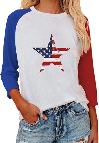 Vista 21 de Camisas de manga 3/4 para mujer, camisetas de verano con cuello redondo, camisetas básicas sueltas de mezcla de algodón para mujer