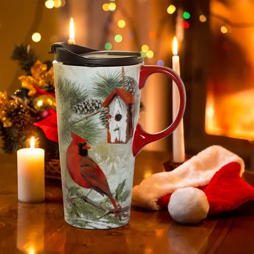 Vista 4 de Topadorn Taza de viaje de cerámica de Navidad, taza de café con leche con tapa y caja de regalo para vacaciones, 17 onzas