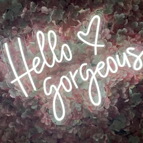 Vista 10 de Letrero de neón LED con texto en inglés «Hello Gorgeous LED», luz nocturna de neón para pared, fiesta de cumpleaños, boda, bar, club, decoración