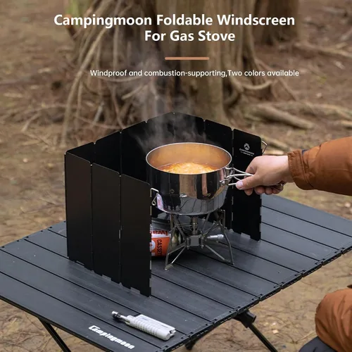 Vista 2 de Campingmoon - Estufa de campamento con 10 placas de aleación de aluminio plegable para estufa de campamento, bloqueador de viento para estufa de gas