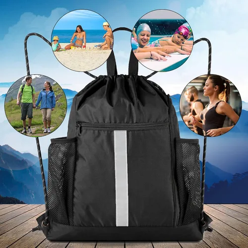 Vista 7 de BeeGreen Mochila deportiva con cordón y compartimento para zapatos y dos soportes para botellas de agua