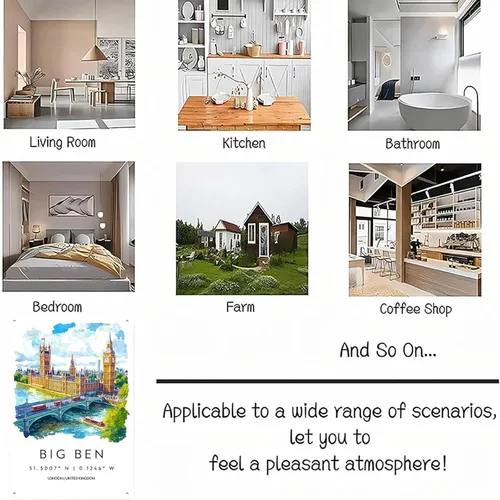 Vista 5 de Póster de acuarela de Big Ben, decoración de pared, paisaje retro, cartel de metal para garaje, hombre, cueva, baño, dormitorio, granja, inspirador