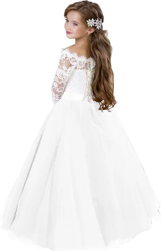 Vista 2 de Flower Girl Dress Long Sleeve Kids Lace Pageant Party Christmas Ball Gown First Communion Dresses