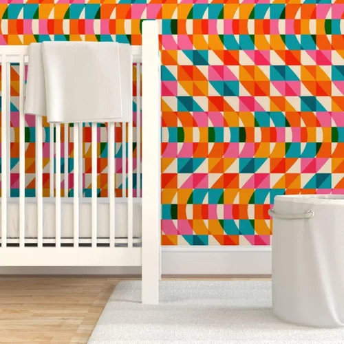Vista 6 de Muestras de papel tapiz removibles – Retro Cuadros Ondas Rosa Verde Azul Rojo Naranja Rayas Papel pintado personalizado pre-pegado por Spoonflower