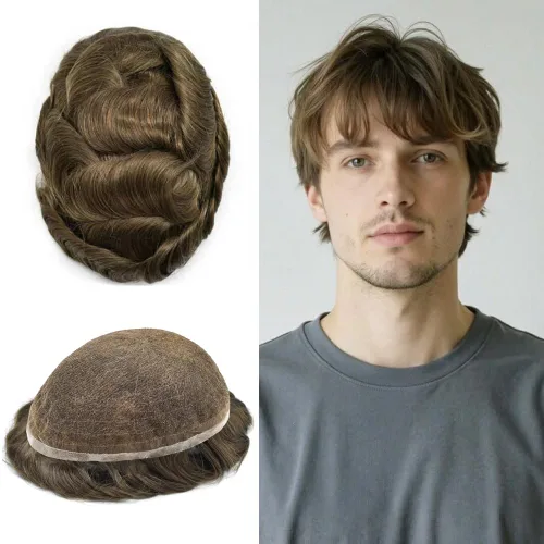 Vista 133 de PUNRU HAIR Completo Swiss Lace Toupee para hombres Sistema de cabello humano real Sistema de reemplazo de cabello humano para hombre Toupee