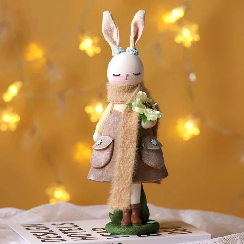 Vista 2 de Lindas figuras de resina de conejita con bufanda, estilo de dibujos animados, estatuas coleccionables, decoraciones de escritorio, decoración